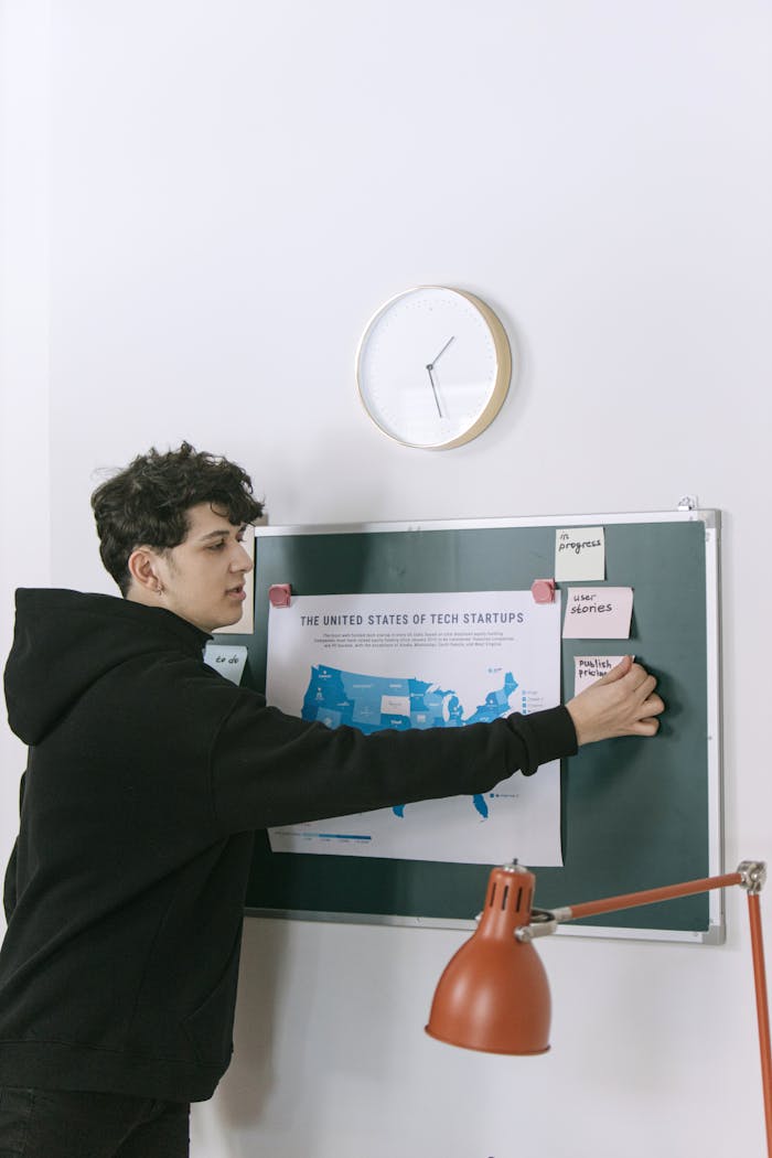 A young man in a hoodie works in a modern office setting, using a map of US tech startups for planning.